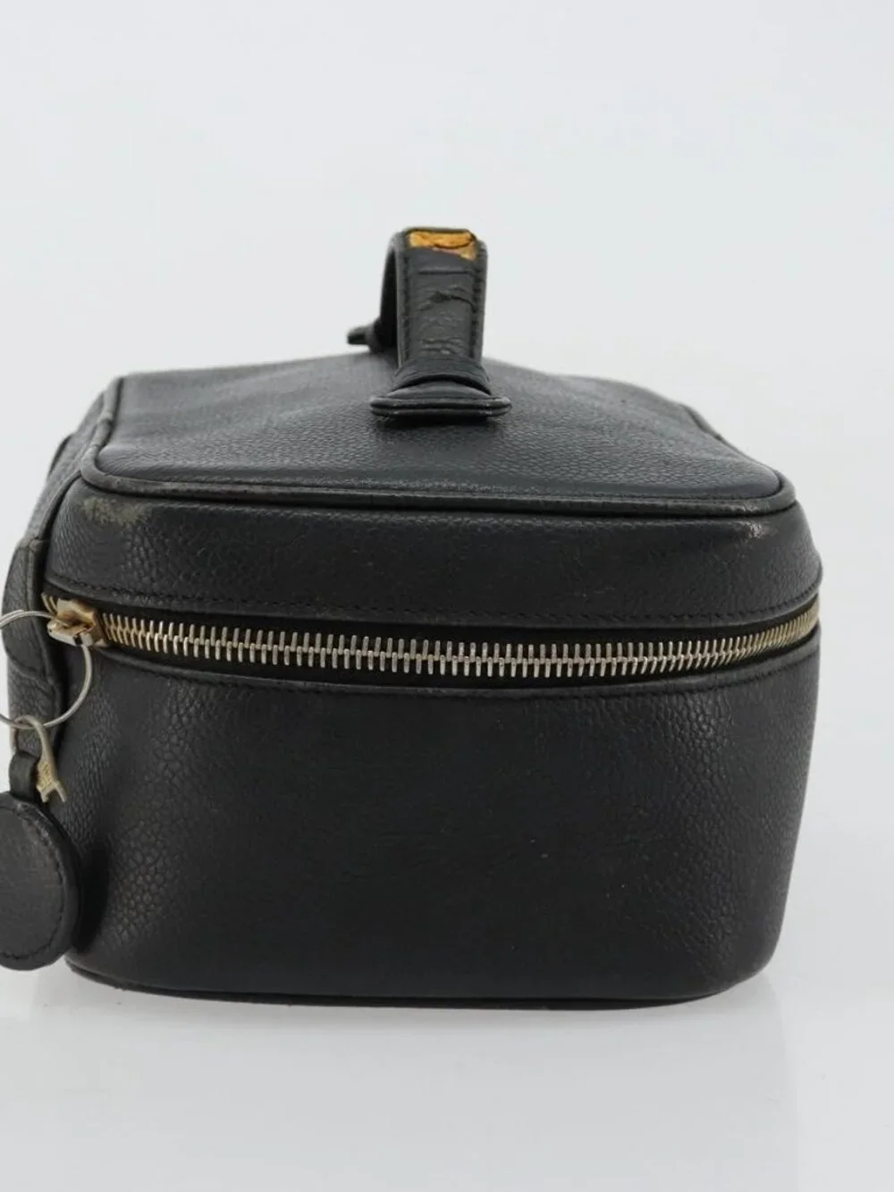 CHANEL Vanity Hand Bag Grained Calf Skin Black Gold CC Auth 176421
